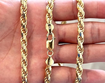 Cadena de cuerda de 6 mm con corte de diamante, plata de ley bañada en oro de 14 quilates