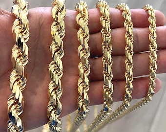 Cadena de cuerda de oro vermeil de 14 quilates, collar de plata de ley con corte de diamante