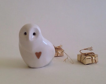 Snow owl, Owl, Gold heart, Porcelain Owl, Gold, by CreationM