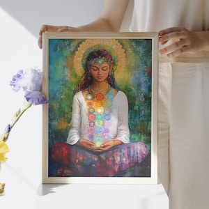 Chakra Goddess Meditation Art Print – Vibrant Spiritual Healing Poster, Yoga and Mindfulness Wall Decor, Divine Feminine Energy Artwork