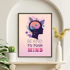 Be Kind to Your Mind Poster - Inspirational Mental Health Wall Art. Gift idea. Wall decor.
