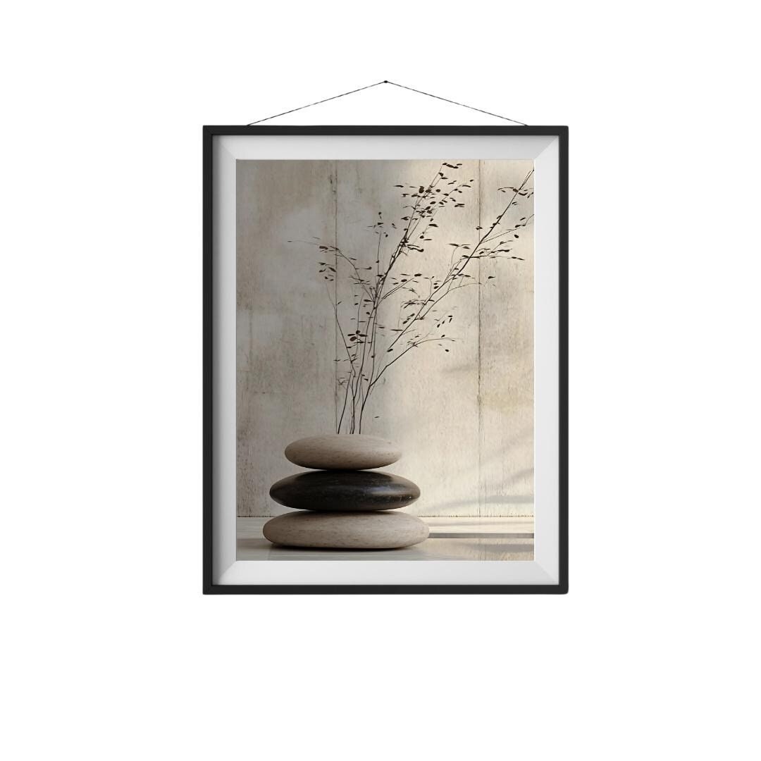 Minimalist Zen Stones Art Print – Tranquil Neutral Decor, Modern Zen Wall Art for Meditation and ...