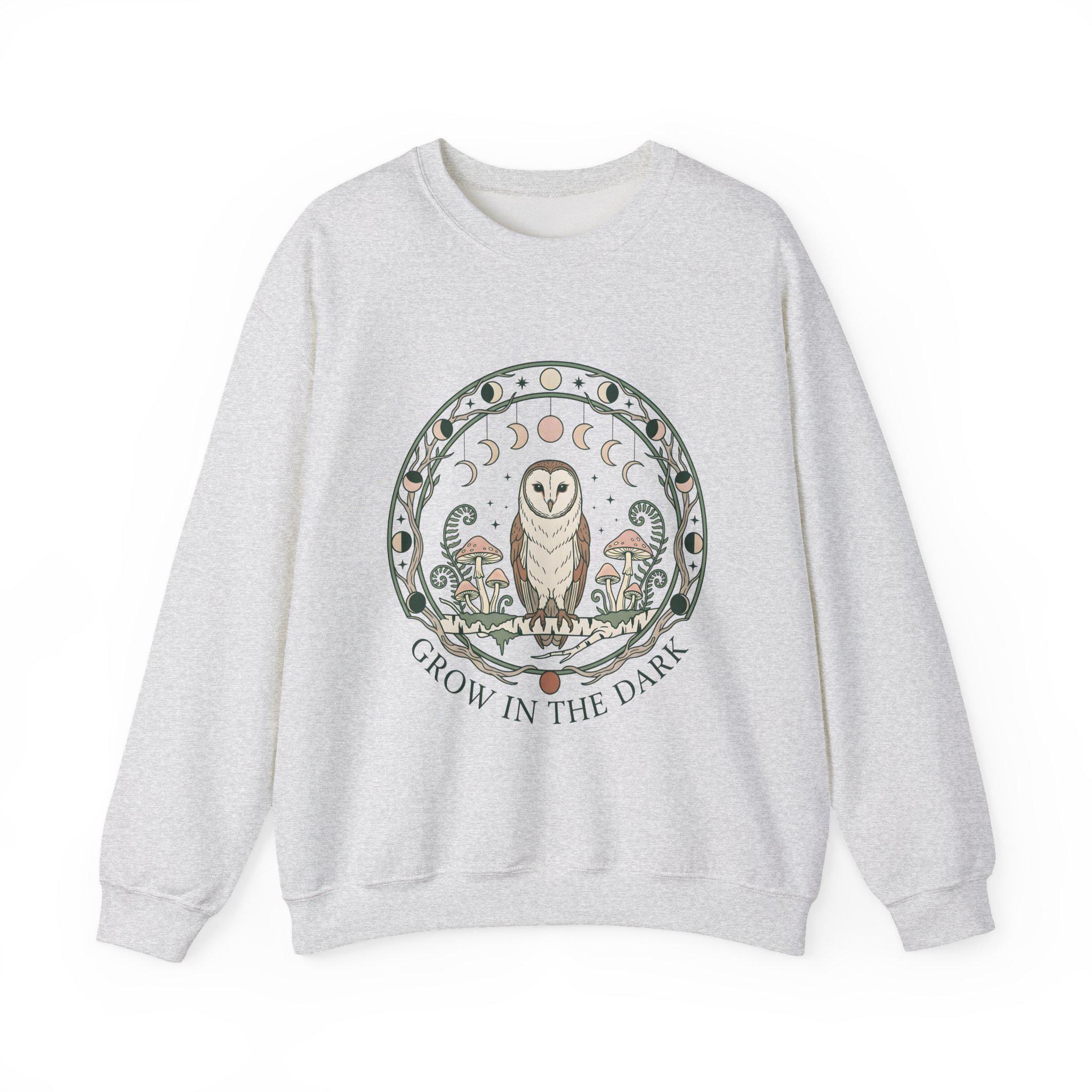 Moonlit Owl Crewneck, Witchy Celestial Forest Pullover, Moon Phases Art (Grow In The Dark)