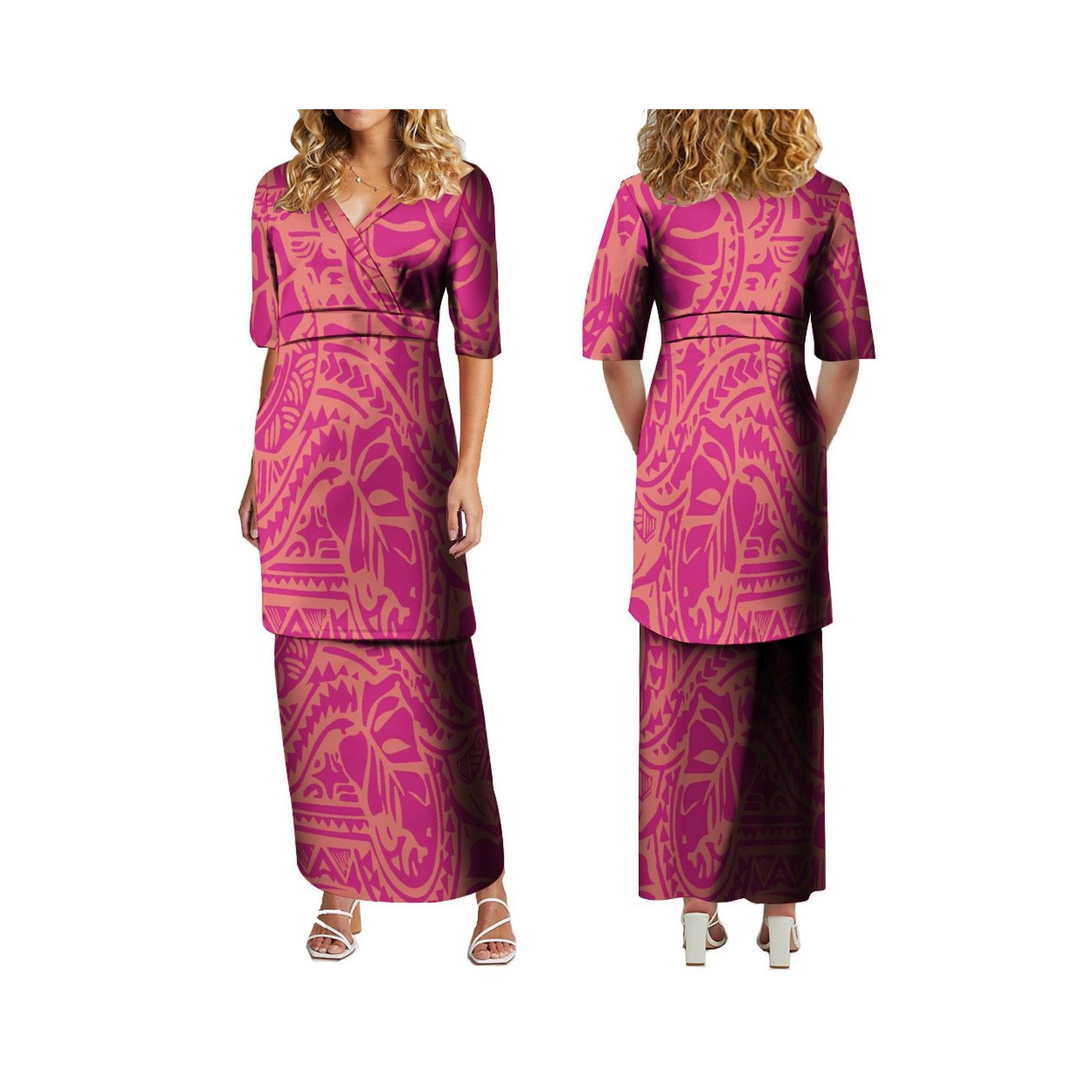 Polynesian Tribal Design V Neck Puletasi Samoa Set Customized Women 2 Piece Set Samoan Dress