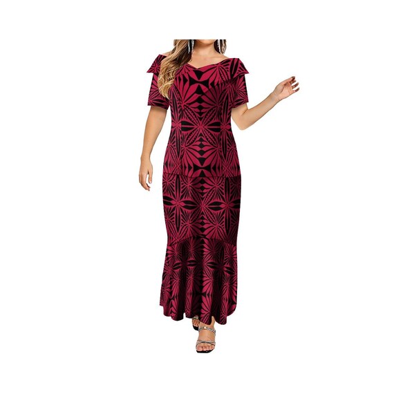 pattern samoan dress designs Custom Polynesian Women Tribal Design Fishtail Short Sleeve Ruffle off Shoulder Hawaii Dress inspired pattern Color:Garnet Pacific dress swatch:pale-daffodil Denim Longsleeve Mini Dress