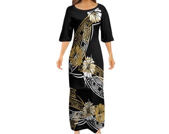 2024 Neuheiten Benutzerdefinierte polynesische Tribal Design Samoan Puletasi Kleid Schwarz Set Große Größe Damen 2 Stück Kleid