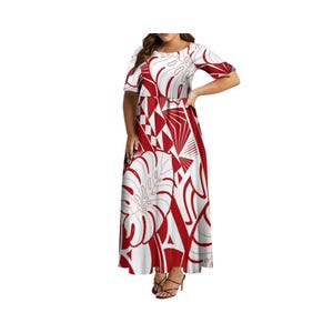 Polynesian Samoa Tribal Print Ladies Dress Summer Elegant Party Hawaii Dress Crew Neck Half Sleeve Long Casual Dress
