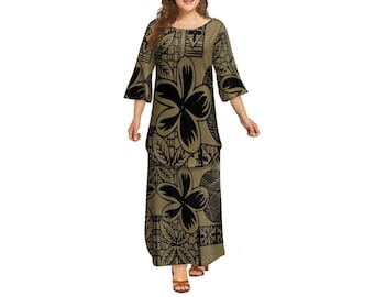 Polynesian Large O-Neck Flared Sleeve Women'S Two-Piece Dresses Puletasi Casual Tribal Print Islander Costume