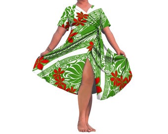 Brand New Featuring V-Neck Lace-Up Stacked Trendy Dress Polynesian Tribal Ethnic Style Dress High-Waist Princess Style Dress