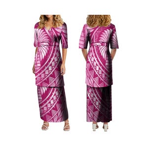 Nuevo diseño de vestidos samoanos personalizados con escote en V de estilo polinesio, conjunto de dos piezas de falda larga para mujer, 2 piezas
