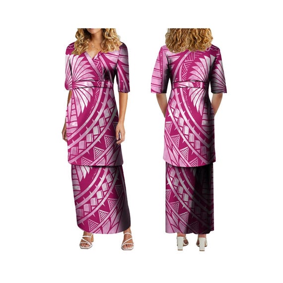 Polynesian V Neck Samoa Puletasi Custom Samoan Dresses Women Tops Two Piece Maxi Skirt Set Dress 2Pcs Polynesian V Neck Samoa Puletasi Custom Samoan Dresses Women Tops Two Piece Maxi Skirt Set Dress 2Pcs