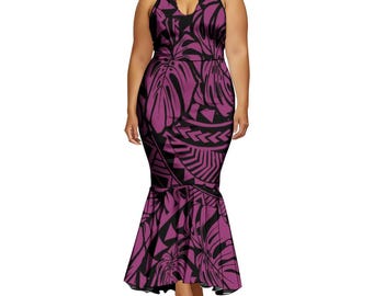 2024 New Arrivals Polynesian Tribal Printed Frill Off Shoulder Dress Women Elegant Long Double Layer Party Dress