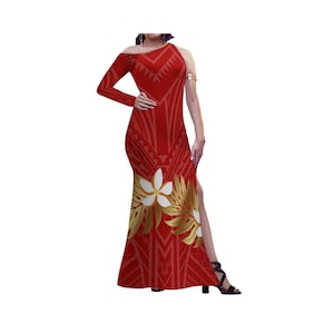 Polynesian One Shoulder Sleeveless Slit Print Hawaii Dress Ladies Ethnic Style Tonga Samoa Tribal Design Casual Dress