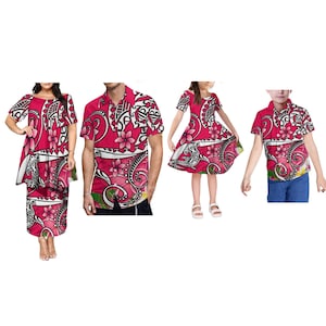 Tax Free Women'S Butterfly Sleeve Double-Layer Skirt Puletasi Dress Men'S Shirt Polynesian Print Family Dress Customizable Patterns
