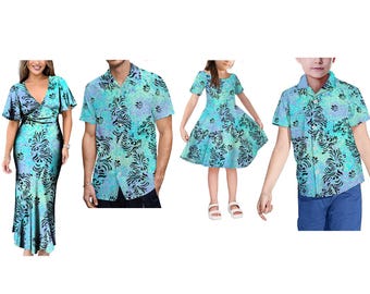 Custom Logo Samoan Polynesian Tribal Ladies V-neck Dress and Aloha Men Casual Shirts Family Set Outfit 4 Piece Set