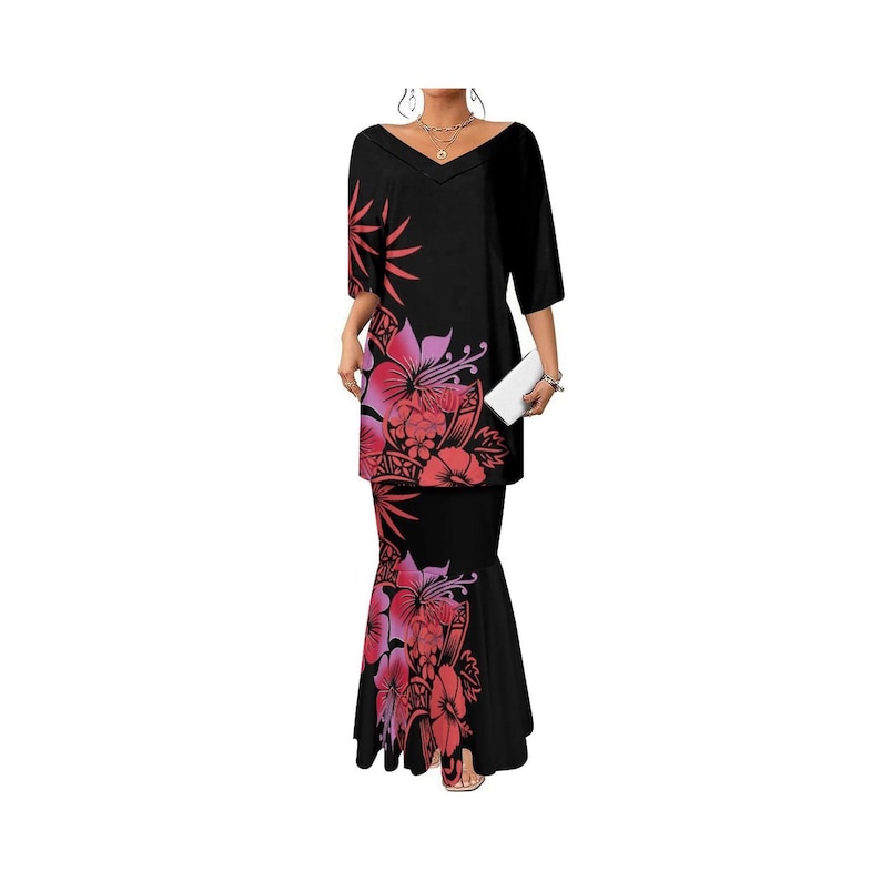 MORNWORLD Women's 2-Piece Puletasi Island Dress Set - Polynesian T-Shirt & Skirt Outfit, Plus Size To 4XL