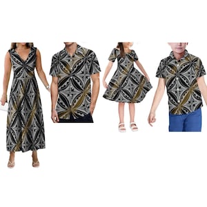 Abiti da donna e da ragazza con stampe personalizzate a tema tribù polinesiana, camicie da uomo e da ragazzo, completi per feste in famiglia.