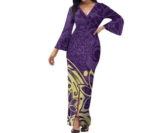New Design Custom Polynesian Tonga Tribal Print Maxi Dresses Ladies Bell Sleeves Samoan Dress Big Size Clothing