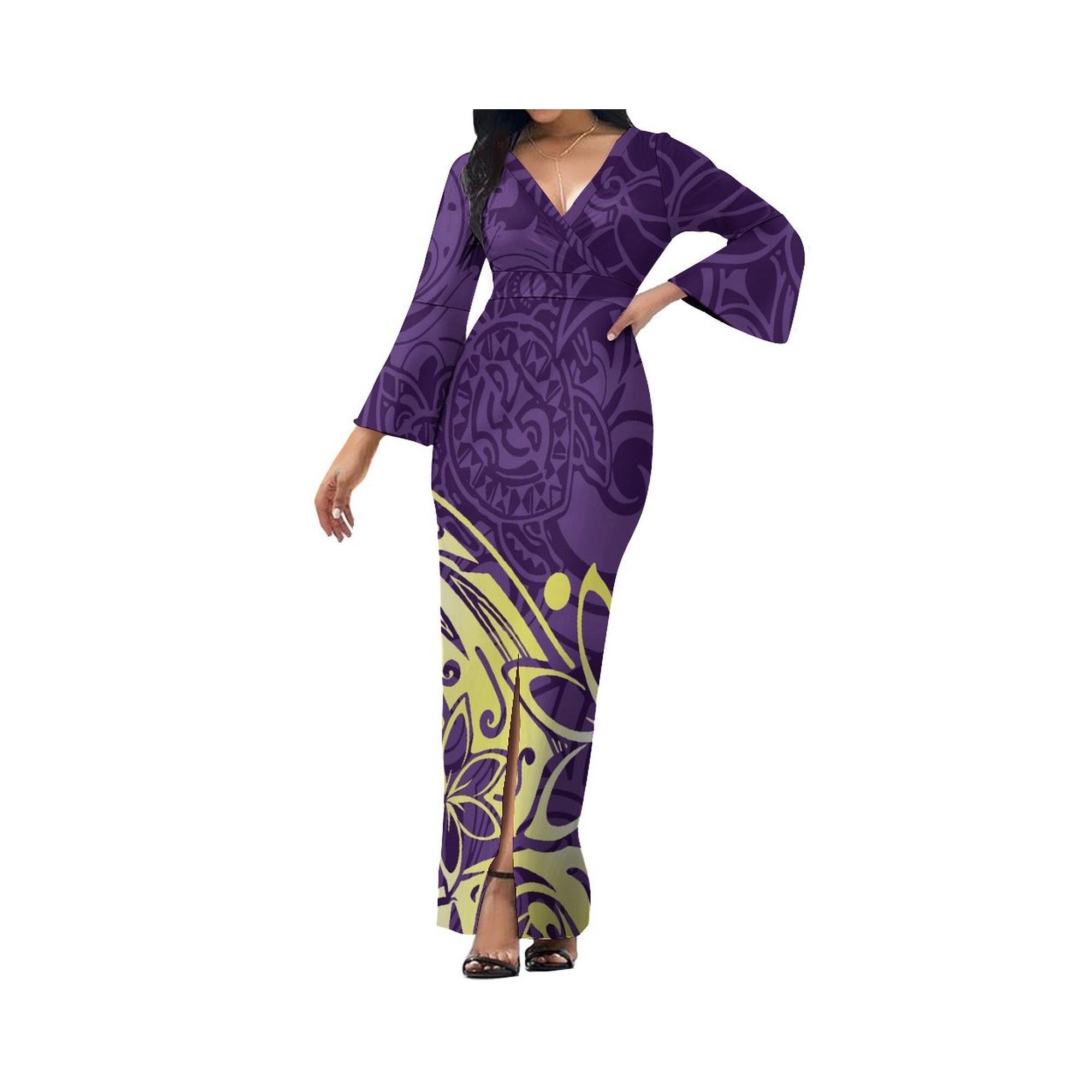 Custom Polynesian Tonga Tribal Print Maxi Dresses Ladies Bell Sleeves Samoan Dress Big Size Clothing