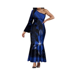 May include: A blue and black one-shoulder maxi dress with a floral print and a mermaid skirt.