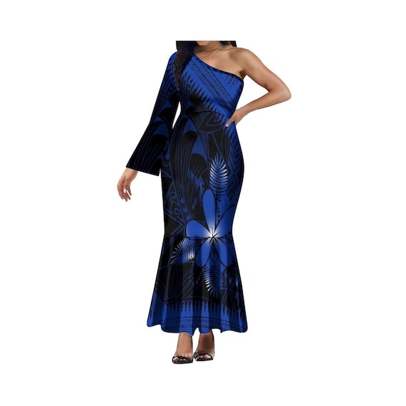 pacific bridesmaid dresses New Summer Polynesian Island Patterns Long Bell Sleeve Maxi Fishtail Dress Customized One Shoulder Dress Pacific Approximately 58In From