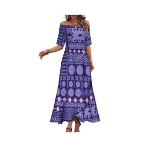 May include: A purple and pink off-the-shoulder maxi dress with a geometric pattern.
