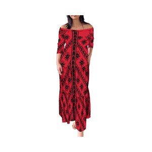 May include: A red maxi dress with a black geometric pattern. The dress has an off-the-shoulder neckline and 3/4 sleeves.