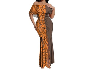 Tax Free New Custom Samoan  Tribal Slim Fit Party Evening Dress Factory Best Price Custom Polynesian Tribal Pleat Dress