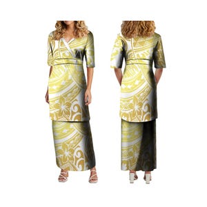 Conjunto de dos piezas con top y falda hawaianos con estampado tribal polinesio personalizado y escote en V para mujer