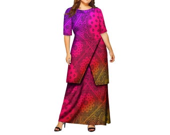 Customized on Demand Elegant Half Sleeve Dress bandana Print Dress Puletasi Polynesian Dress Women 2 Piece Set