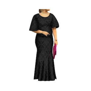 Könnte beinhalten: Ein schwarzes zweiteiliges Outfit mit geometrischem Muster. Das Oberteil hat kurze, ausgestellte Ärmel und einen runden Ausschnitt. Der Rock ist ein Meerjungfrauen-Stil mit hoher Taille.
