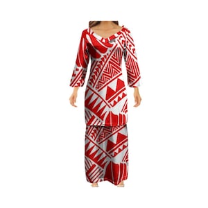Conjunto de dos piezas de vestido samoano tribal polinesio personalizado con escote en V y falda larga de dos piezas