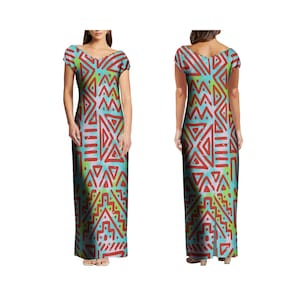 May include: A long, sleeveless dress with a geometric pattern in shades of red, blue, and green. The dress has a V-neck and a fitted silhouette.