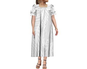 New Design Custom Polynesian Print Micronesian Mumu Dress Women Square Neck White Dress