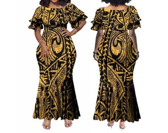 Neue Beste Qualität Benutzerdefinierte polynesische Tribal Design Doppelschichtige Rüschenärmel Rundhalsausschnitt Fishtail Lady Partykleid