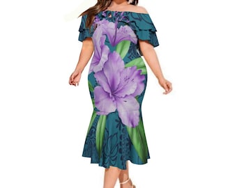 New Hot Sale Polynesian Tribal Print Custom Design Ladies Double Ruffle off  Shoulder Long Fishtail Prom Dress