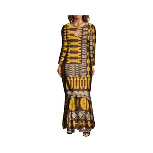 May include: A long-sleeved maxi dress with a brown and yellow geometric pattern. The dress has a keyhole neckline and a fitted bodice. The skirt is flared and flows to the floor.