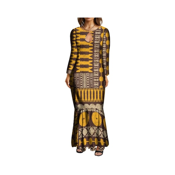 tribal formal dress Autumn New Maxi Fishtail Mermaid Dress Custom Pattern Polynesian Tribal  Retro Style Ladies Long Evening Dress