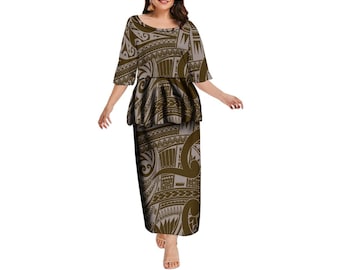 Custom Polynesian Puletasi Samoa Half Sleeve Frilly Top And Skirts 2 Pc Set Plus Size Women Dress