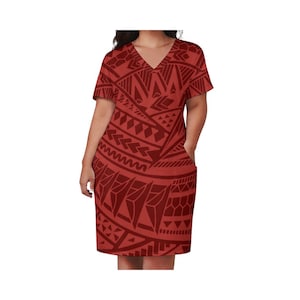 May include: A red dress with a geometric pattern inspired by Polynesian tribal art. The dress has a V-neck, short sleeves, and two pockets.