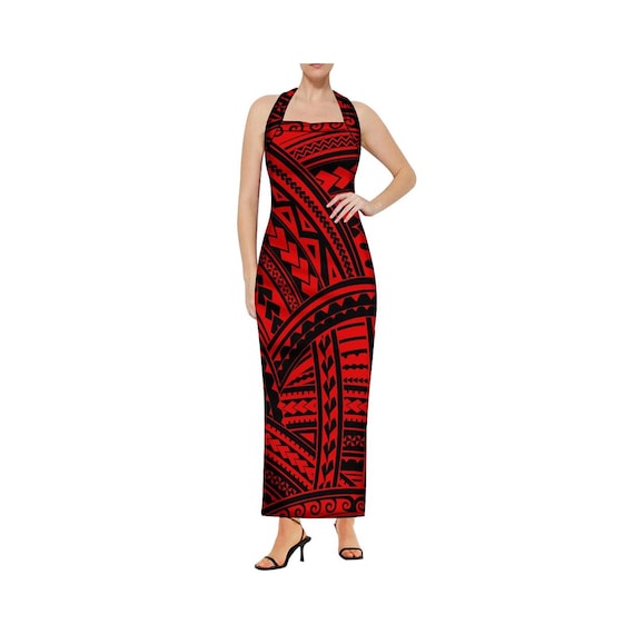 Hot Selling Halter Hollow Out Sleeveless Samoan Dress Polynesian Tribal Print Long Club Cocktail Dress Female Vestidos