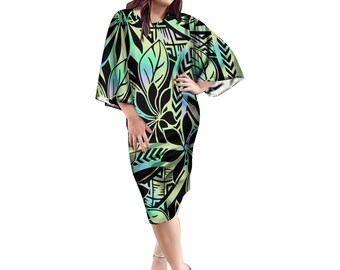 Women Lady Elegant 3/4 Flare Sleeve Ladies Dress Customize Hot Selling Polynesian Hawaii Tribal Design Pencil Party Prom Dress