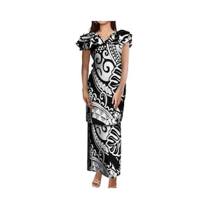 Conjuntos de 2 piezas para damas con diseño de estampado tribal polinesio personalizado, volantes en capas, escote en V, estilo samoano Puletasi