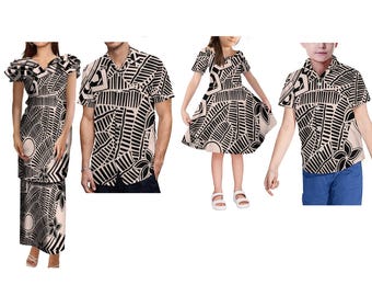 Free Shipping Custom Vintage V Neck Dress Puletasi Print Polynesian Dress Match Aloha Men Shirt Family Set Parent-child Outfit 4pcs