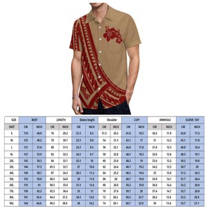 Puede incluir: Tabla de tallas para una camisa de manga corta beige con estampado tribal polinesio rojo y blanco. La tabla muestra las medidas en pulgadas y cent&iacute;metros para el pecho, la longitud, la longitud de la manga, el hombro, el pu&ntilde;o, la sisa y la holgura de la manga.