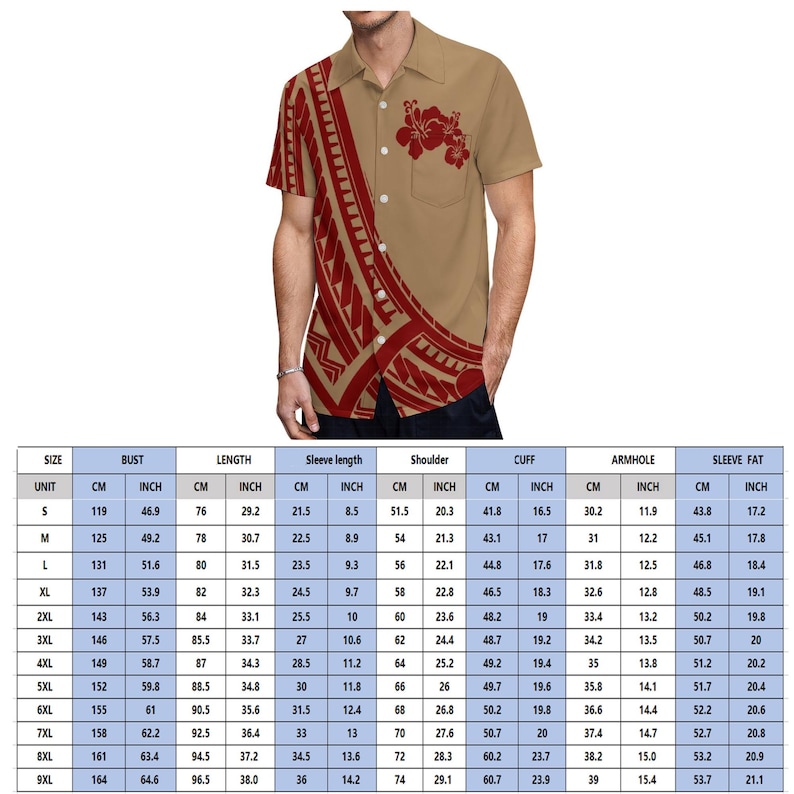 Puede incluir: Tabla de tallas para una camisa de manga corta beige con estampado tribal polinesio rojo y blanco. La tabla muestra las medidas en pulgadas y cent&iacute;metros para el pecho, la longitud, la longitud de la manga, el hombro, el pu&ntilde;o, la sisa y la holgura de la manga.