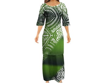 Vestido largo de manga corta personalizado bajo pedido, diseño tribal polinesio de lujo con estampado Puletasi, ideal para ocasiones formales.