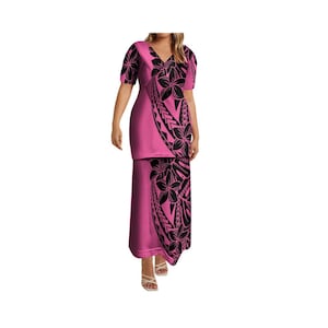 Nuevo diseño personalizado, vestido Puletasi samoano, elegante conjunto de 2 piezas de falda y top largo para mujer polinesia