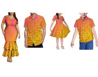 Summer Family Dress For Women V-Neck Off-The-Shoulder Double-Layered Fishtail Skirt Custom-Made Hawaiian Boy Shirt