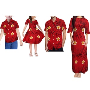 May include: Red matching family outfits featuring a floral pattern. The outfits include a short-sleeved button-down shirt, a dress, and a two-piece skirt set. The floral design includes yellow and white flowers.